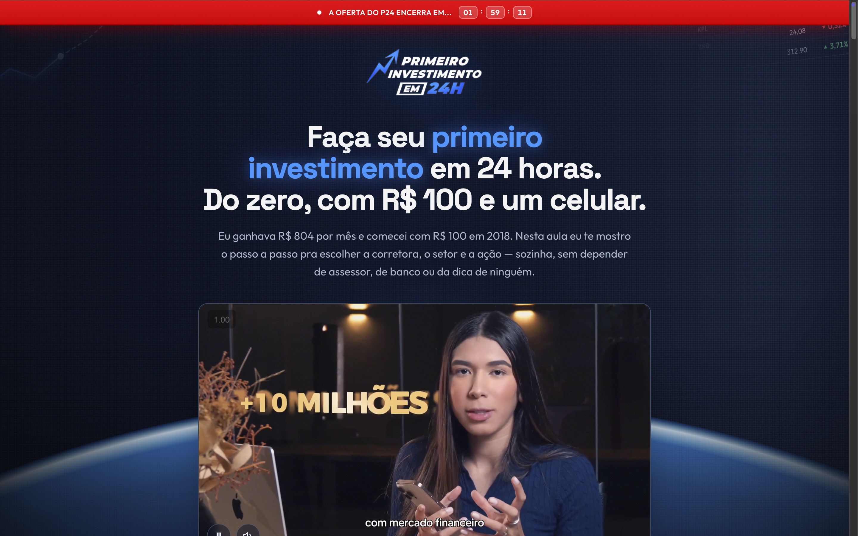 Landing do curso Primeiro Investimento em 24h